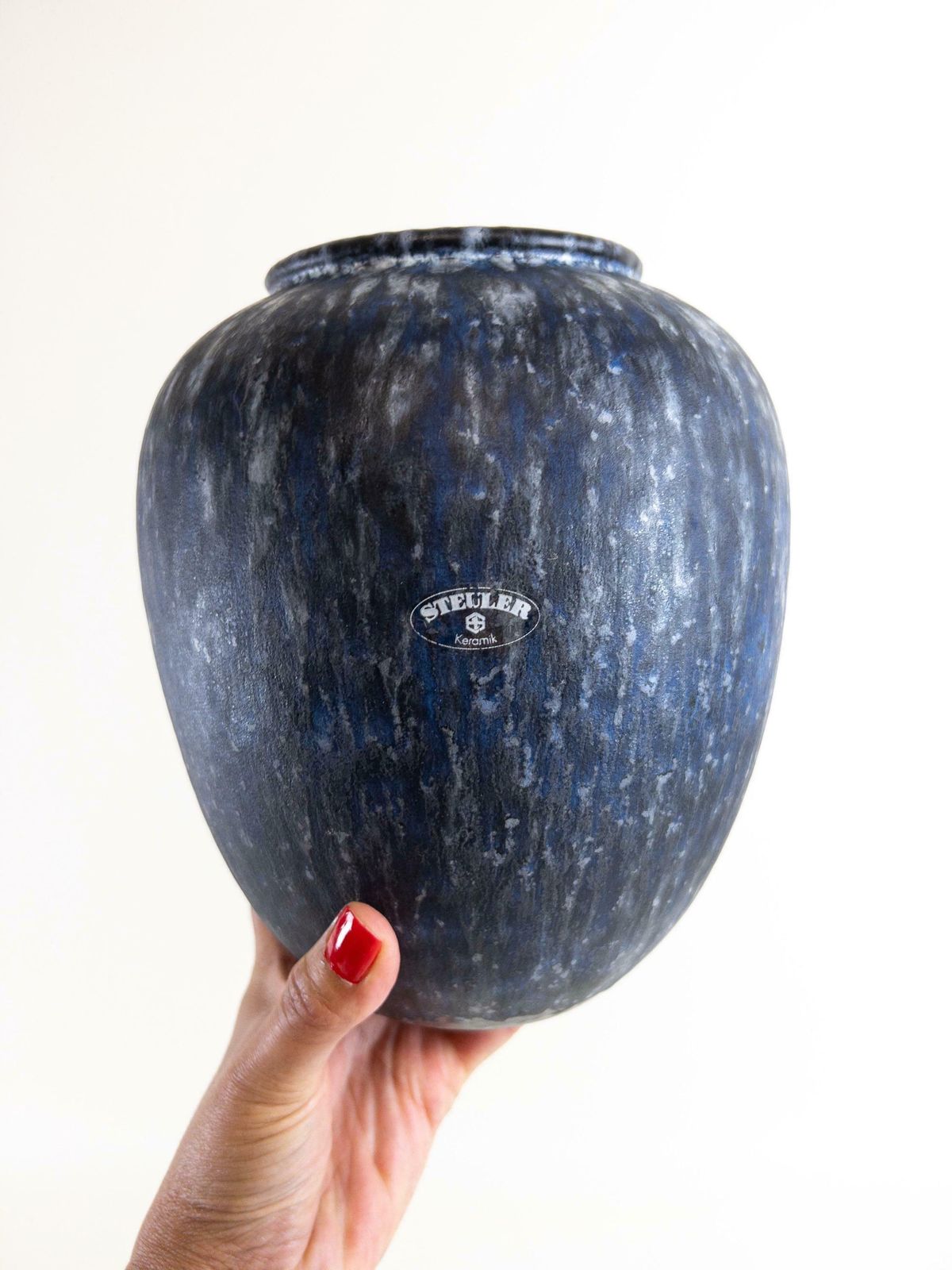 West German Pottery Vase By Steuler   Large Modern Blue Black Round Vase photo for sale
