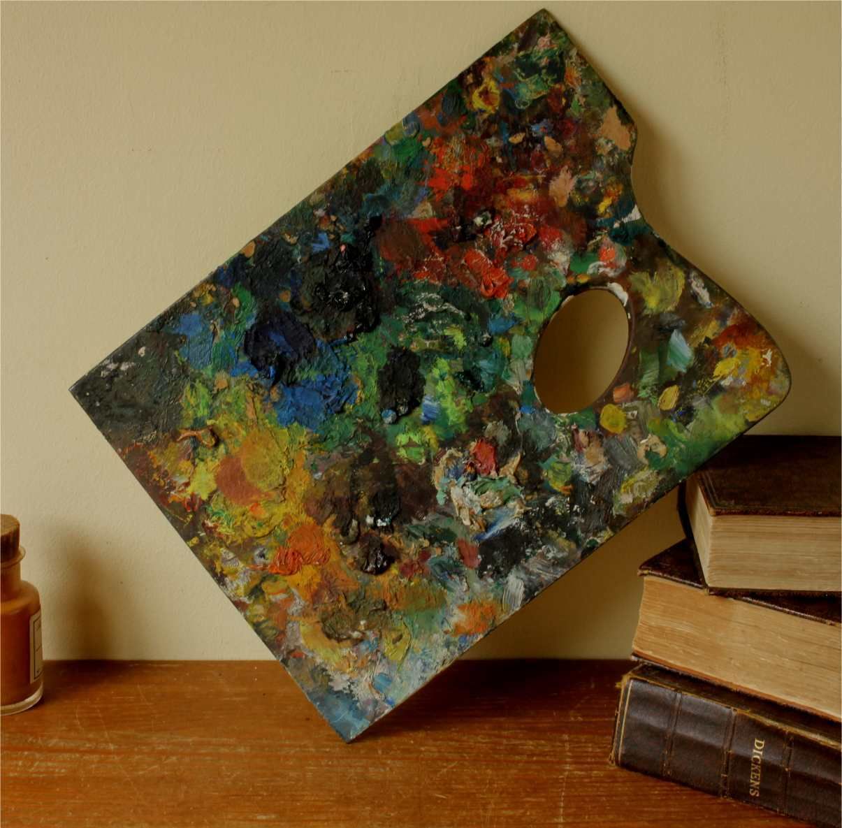Artist Palette With Oil Paints. Decorative Paint Mixing Board. C1900.