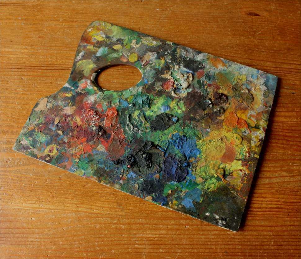 Artist Palette With Oil Paints. Decorative Paint Mixing Board. C1900. photo Art