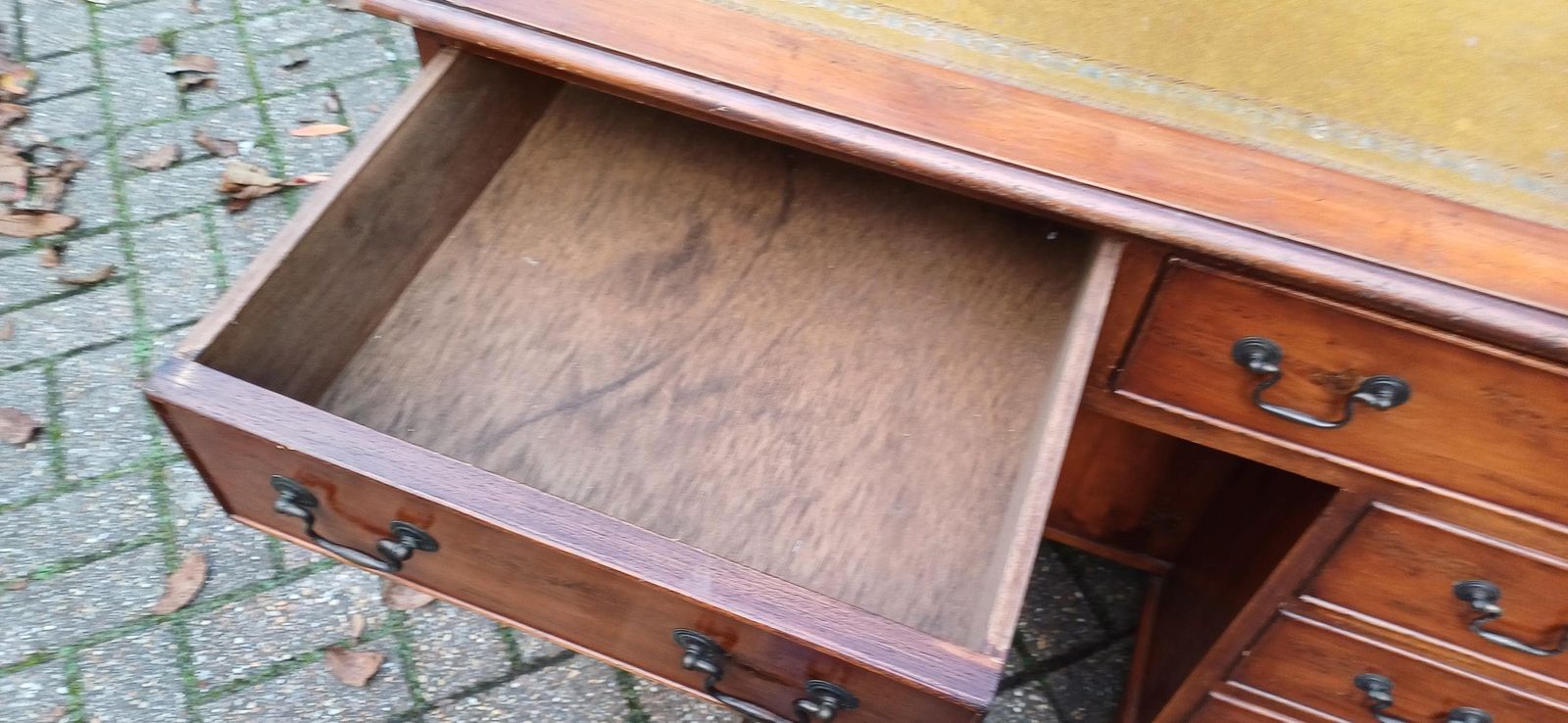 photo for sale Compact Vintage Classic 70s Yew Wood Knee Hole Desk 8 Drawers