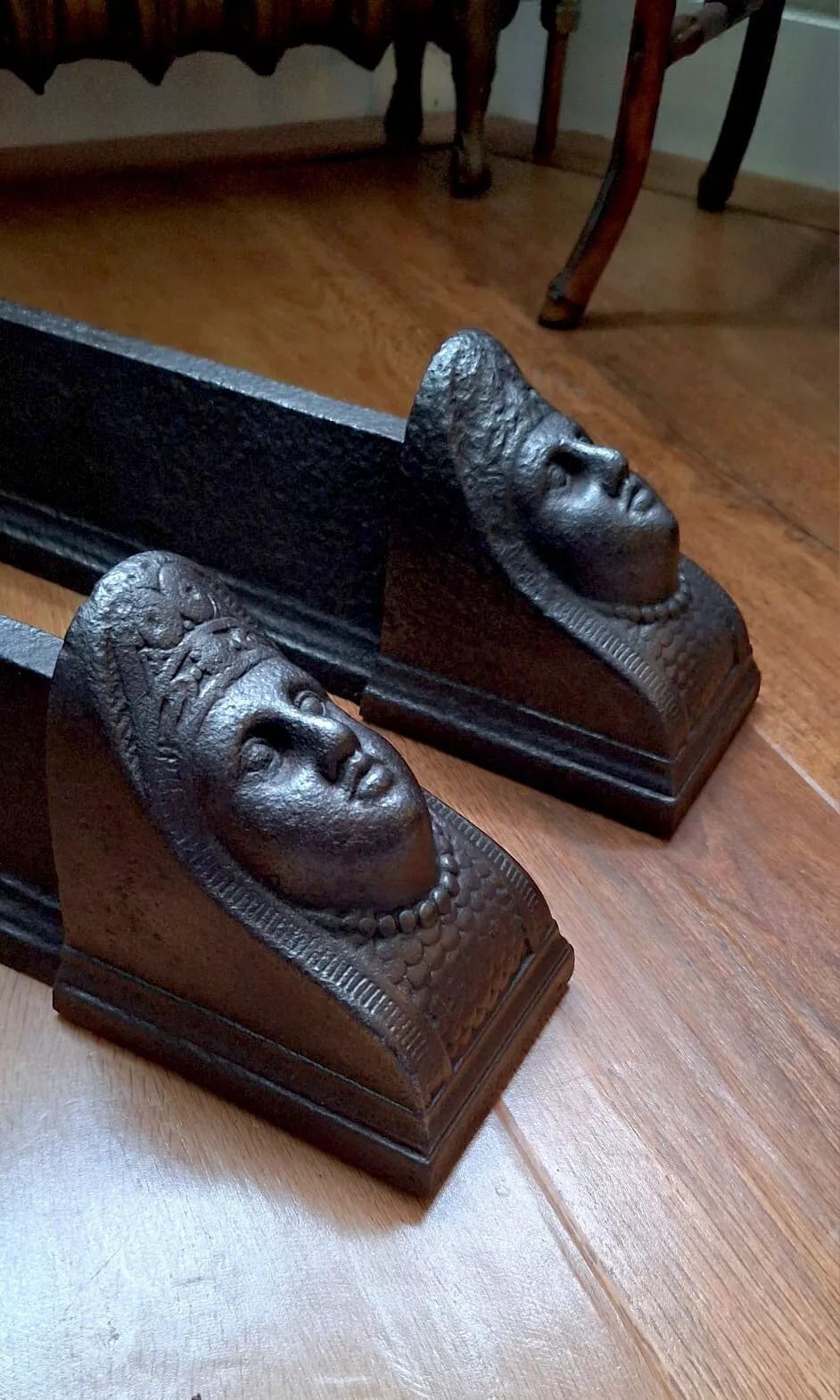 Pair Of Antique C19th Cast Iron Heavy French Andirons Fire Dogs, Township Of Hayange