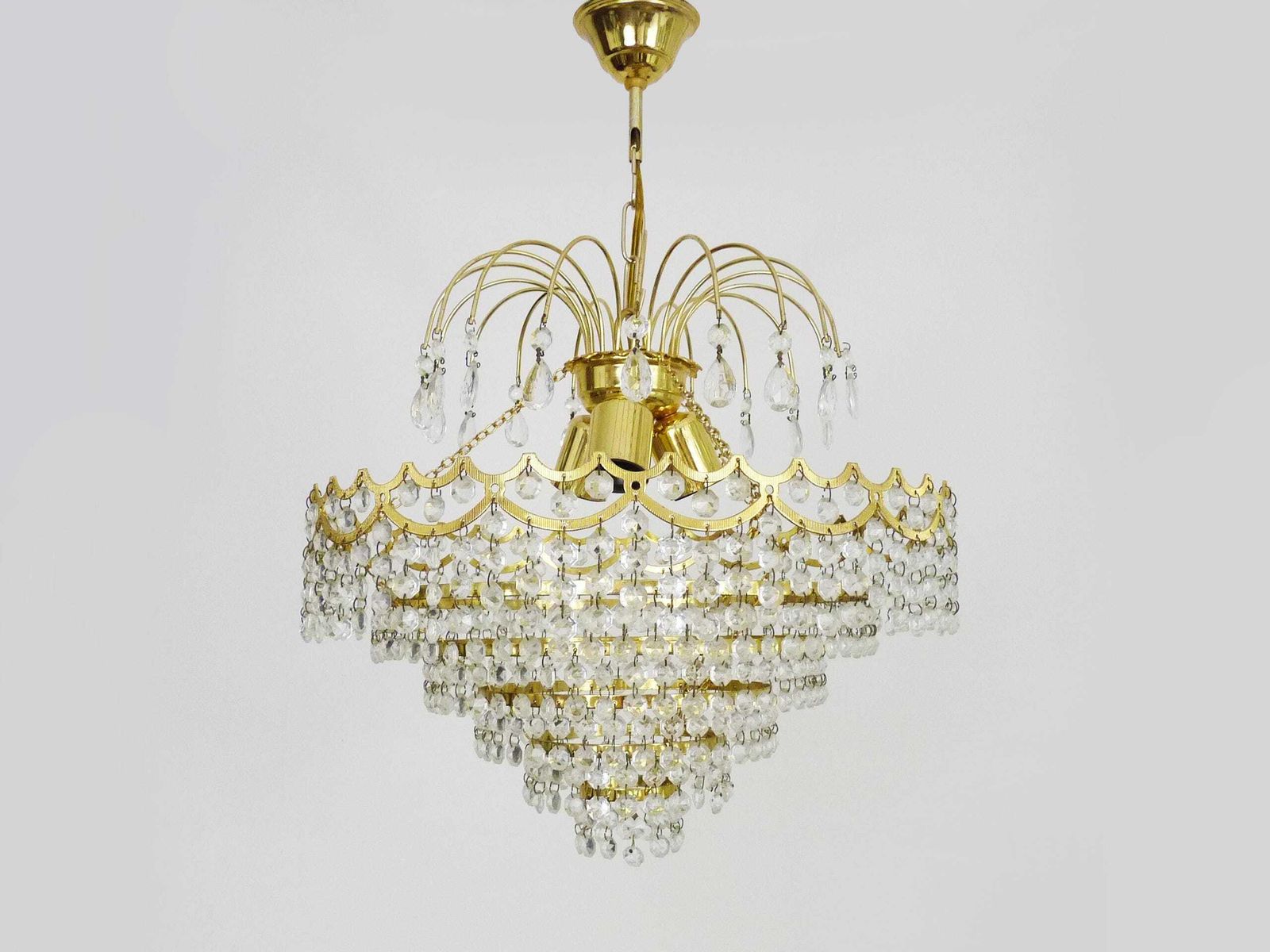 Large And Old Chandelier, Brass Crown Ceiling Light, 6 Levels, 3 Lights, Glass Pendants. Hot Air Balloon Chandelier. 70s 80s