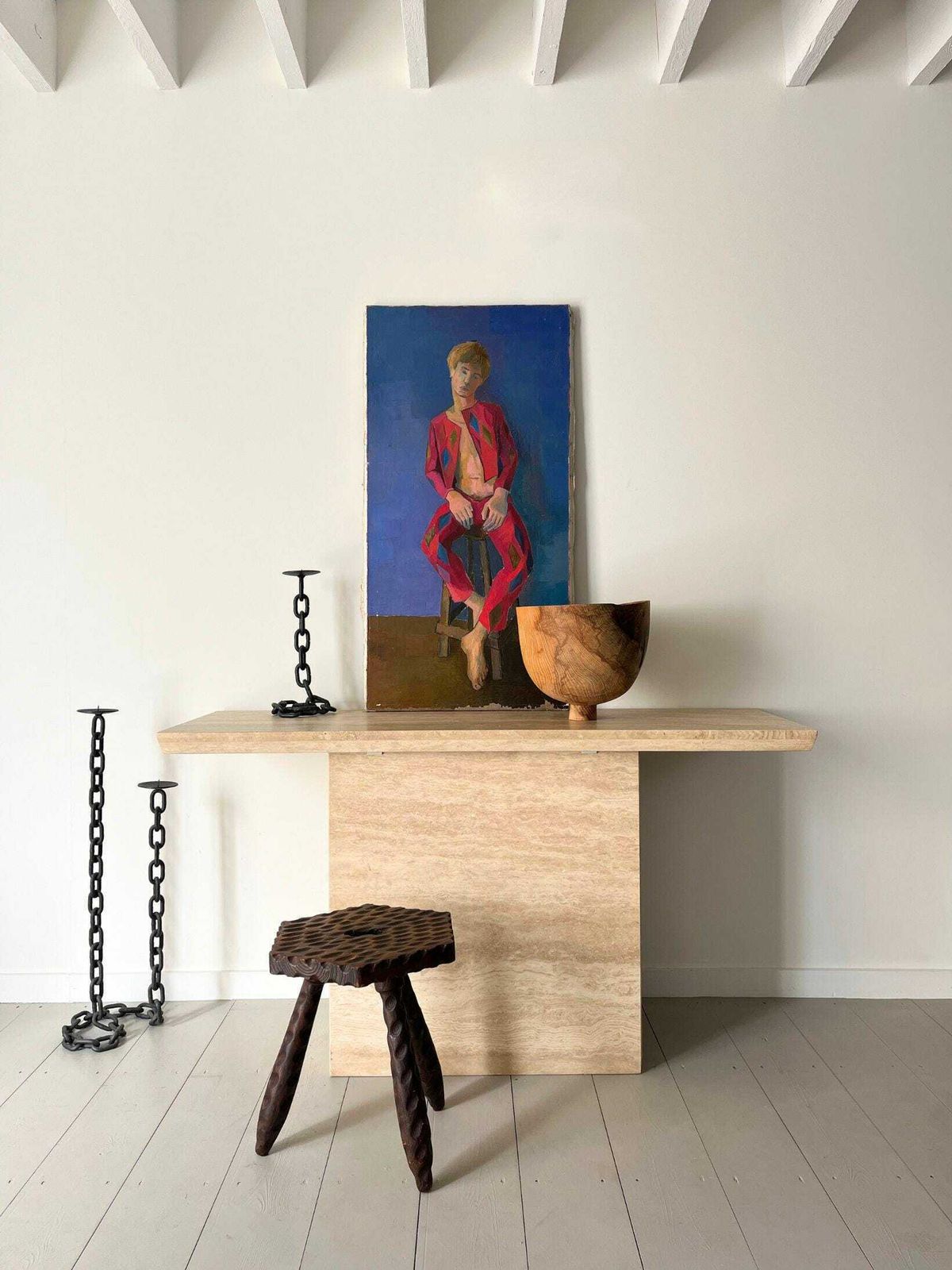 Mid Century Oil Painting Of A Harlequin, French Vintage Oil On Canvas Portrait With Stylised Aesthetic photo for sale