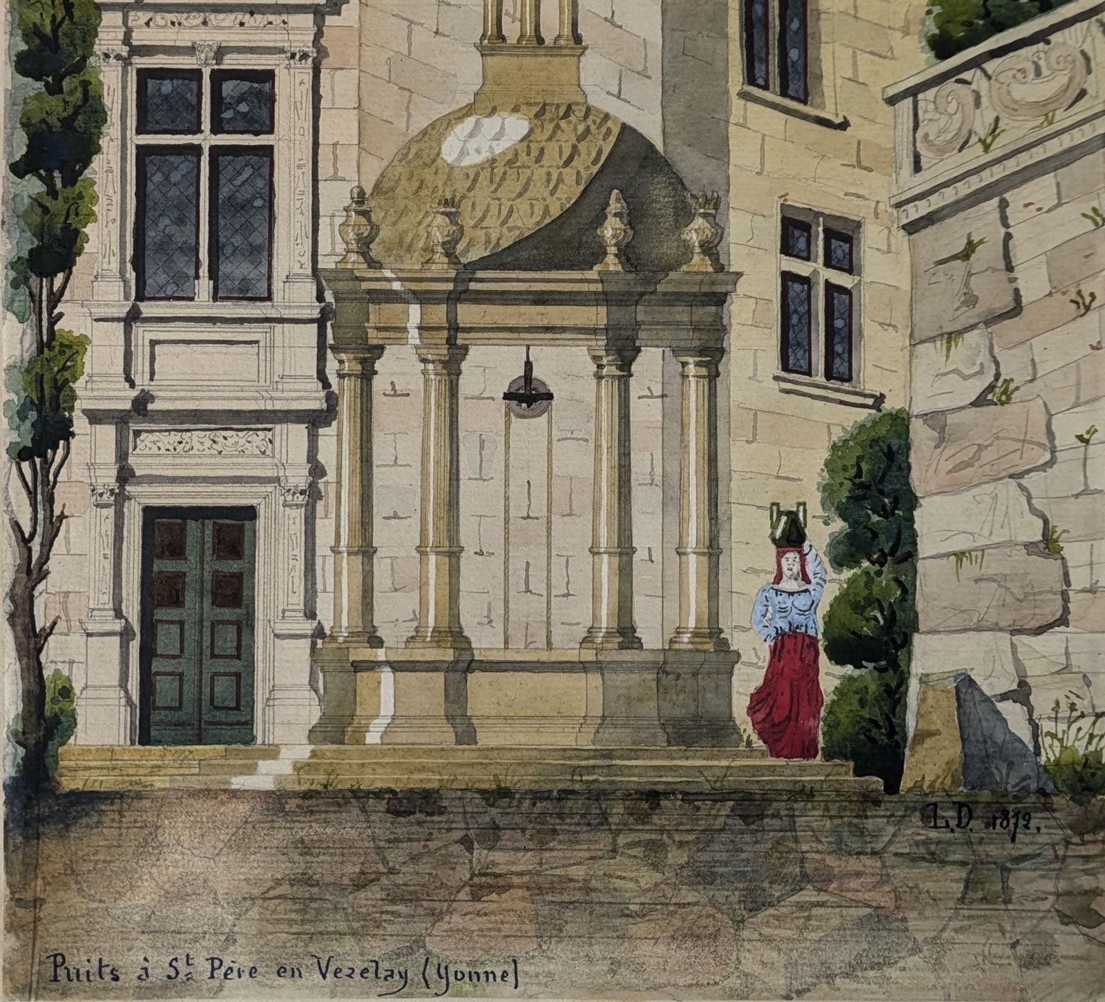 Antique French Watercolor Gouache Painting Water Well St Pere En Vezelay Yonne France L.Danbourg 1872, Original Art, Puit St Pere En Vezelay photo for sale