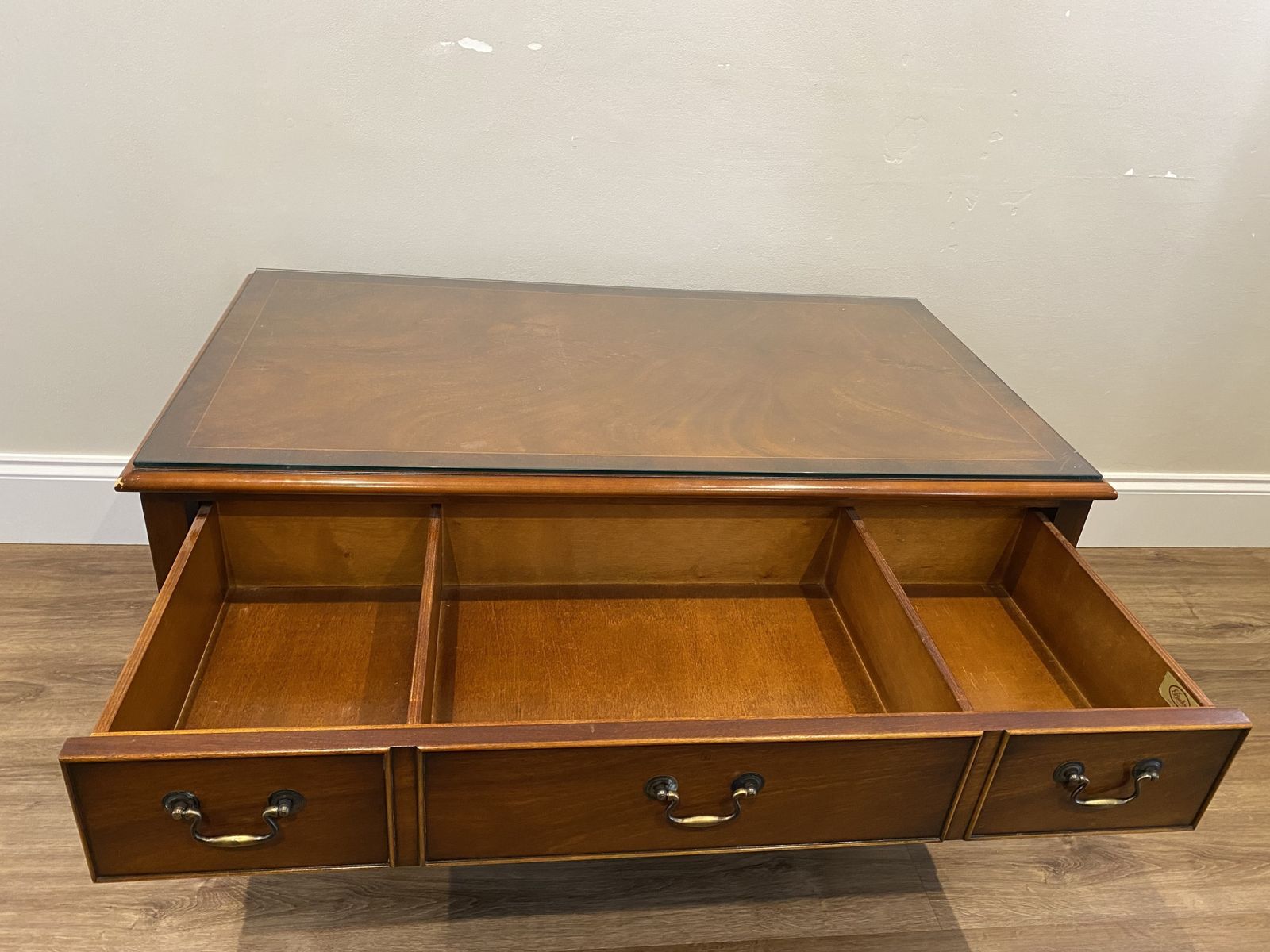 Bradley Furniture Burr Yew Wood Two Drawer Coffee Table + Butlers Serving Trays photo Furniture