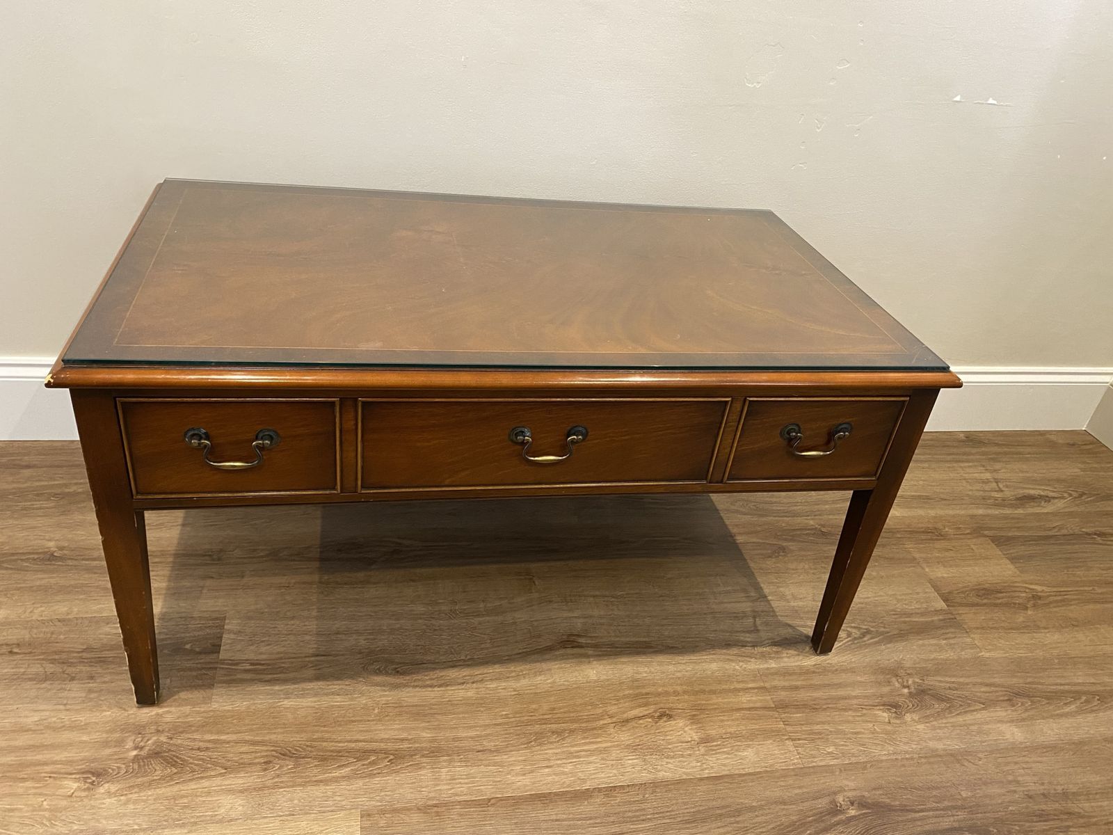 Bradley Furniture Burr Yew Wood Two Drawer Coffee Table + Butlers Serving Trays photo 200.0