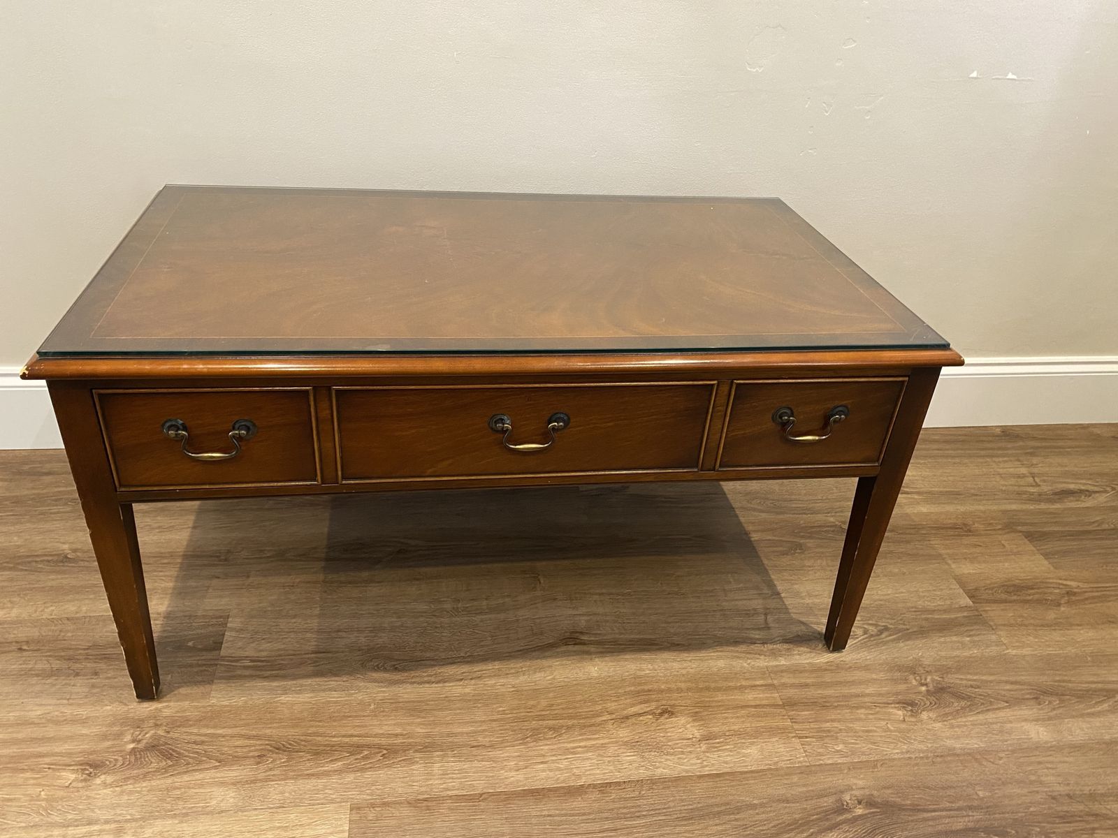 Bradley Furniture Burr Yew Wood Two Drawer Coffee Table + Butlers Serving Trays photo vinterior