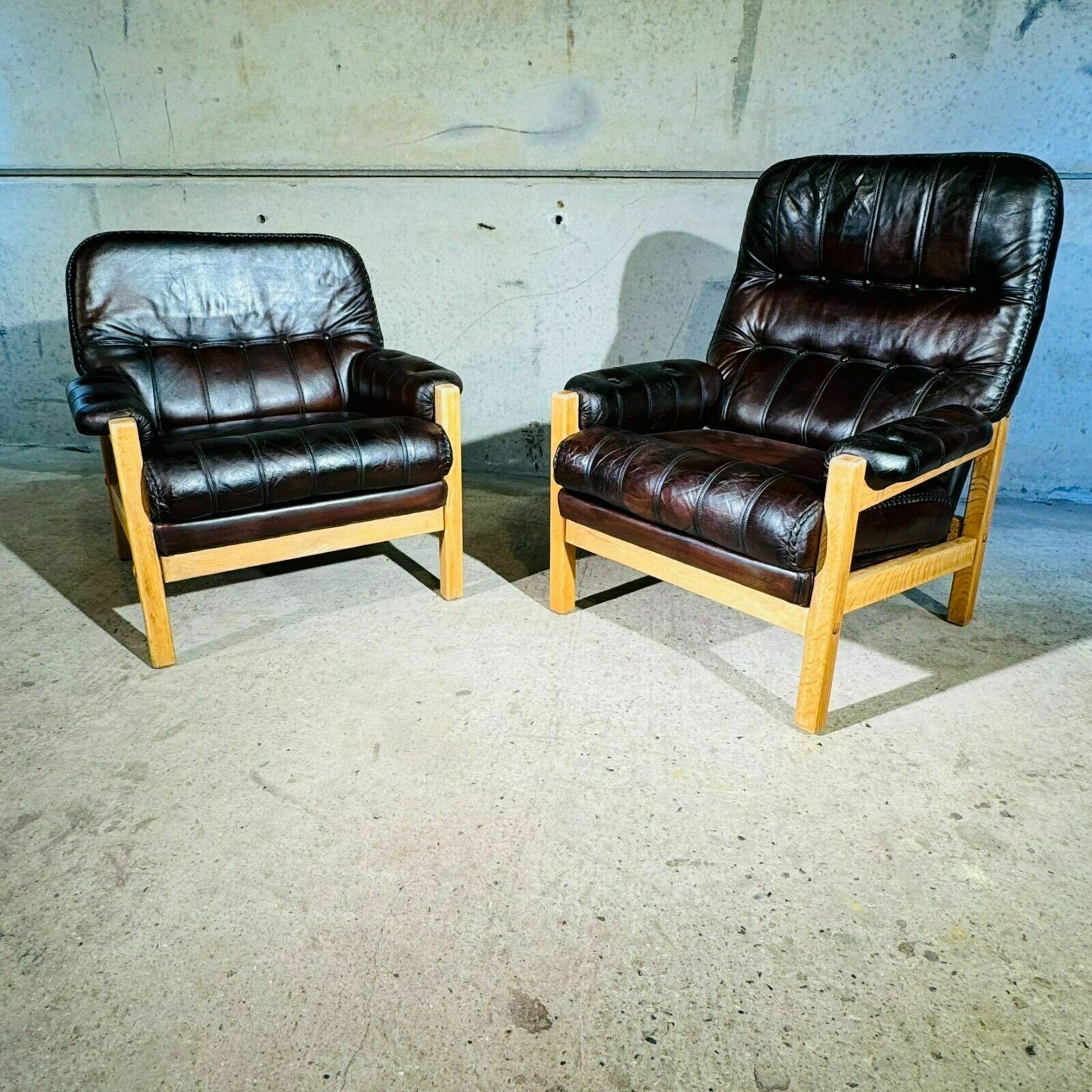 Vintage His And Hers Leather & Oak Swedish Chairs 70s With Footstool #342a photo 1623.0