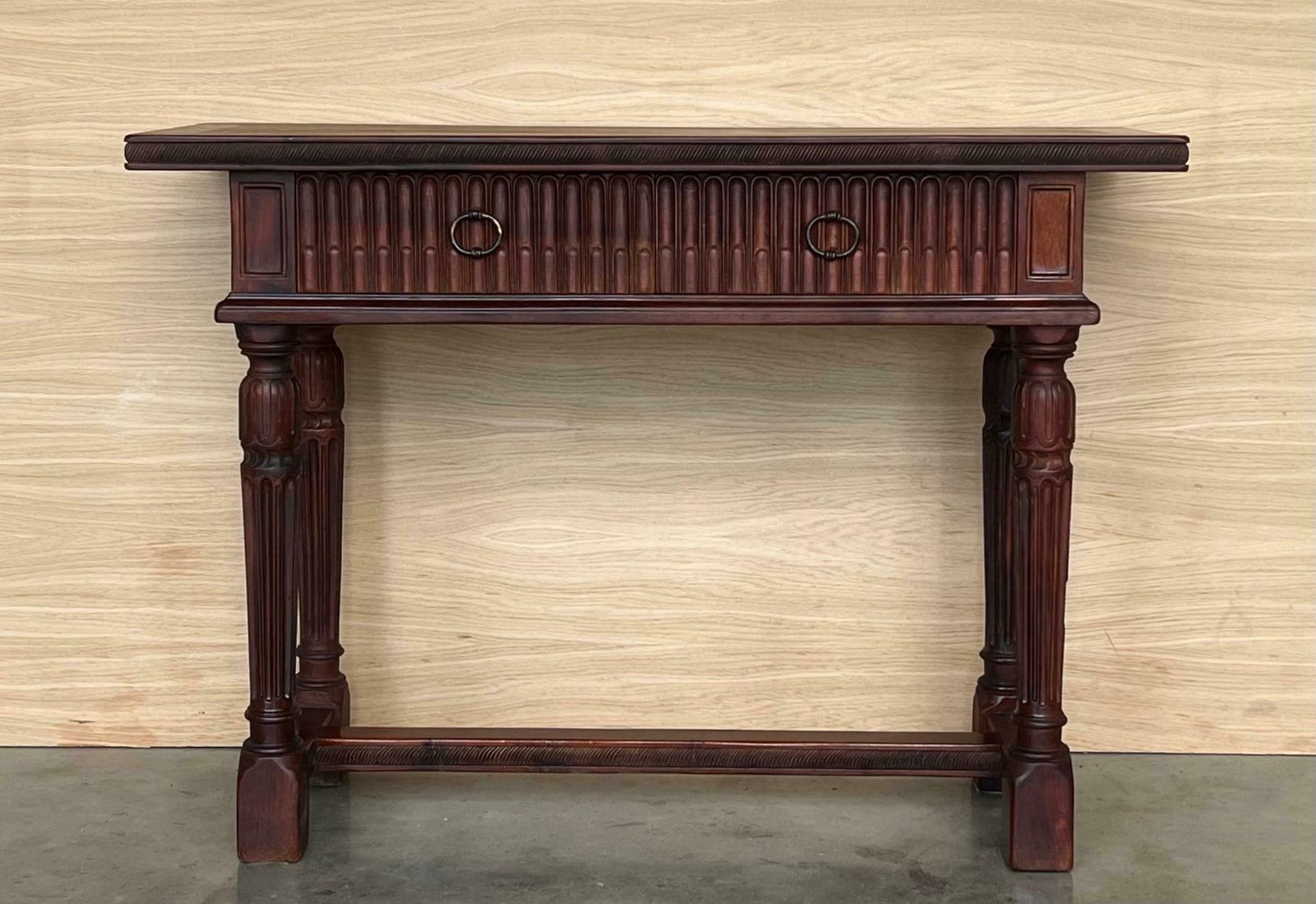 Early 20th Century Catalan Spanish Carved Walnut Console Table With Two Drawers photo for sale