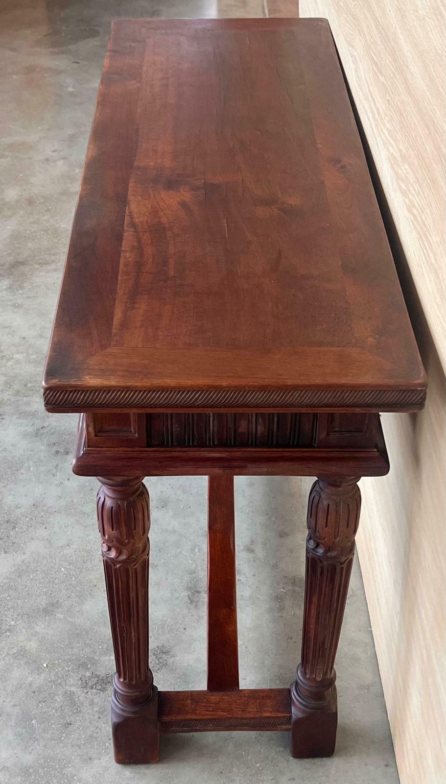 Early 20th Century Catalan Spanish Carved Walnut Console Table With Two Drawers photo vintage