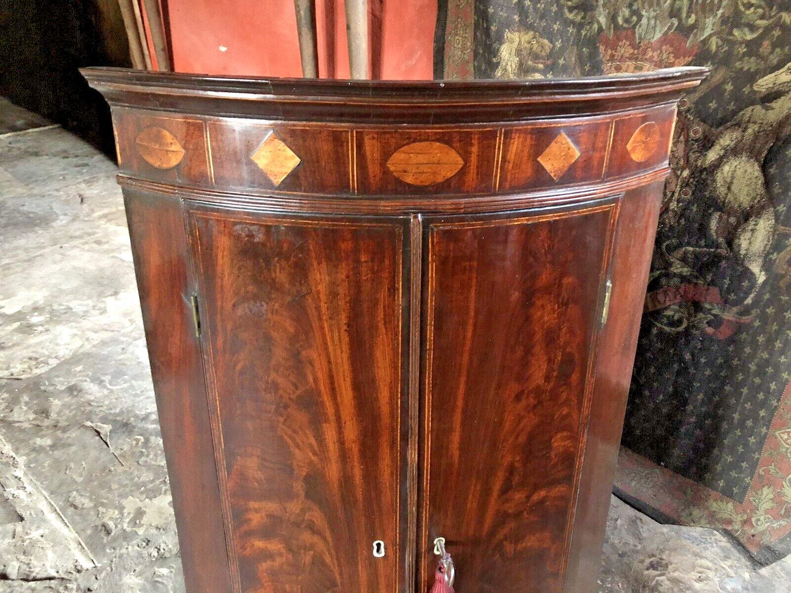 photo for sale Fine Quality Antique Mahogany Tall Georgian Marquetry  Corner Cabinet W/Key