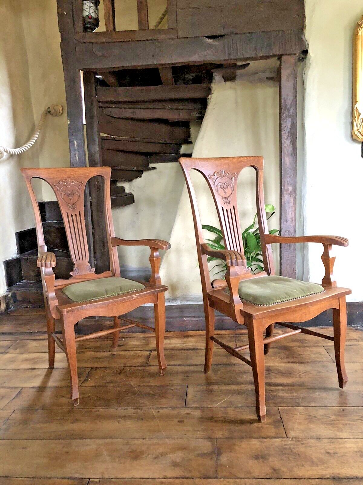 399.0 Pair Of  Original Rare Antique Arts And Crafts Green Canadian Elbow Armchair photo