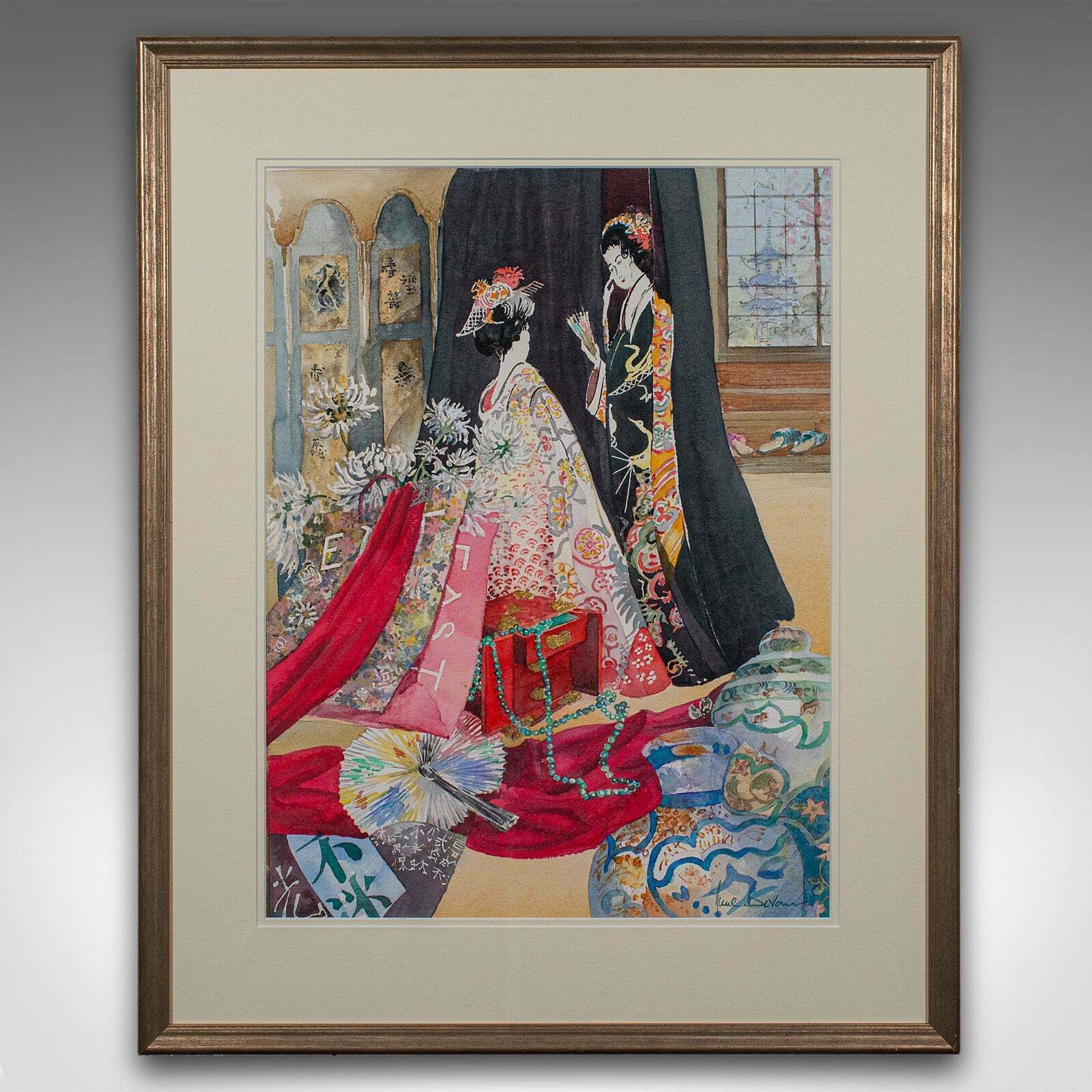 Vintage Fashion Watercolour, English, Framed Painting, Art, Signed, Circa 1990 photo furniture