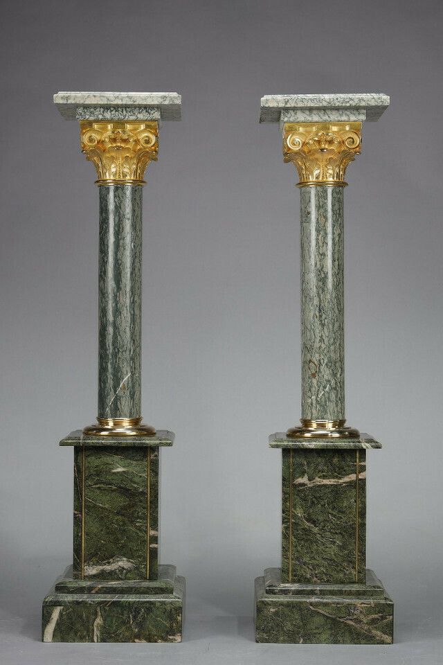 4 Columns In Green D'estours Marble And Gilded Bronze Corinthian Capital photo for sale