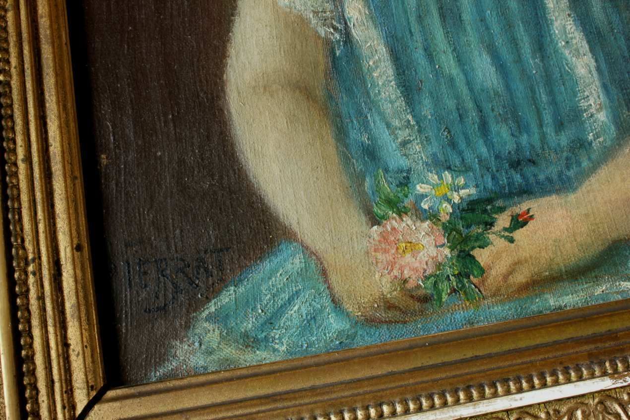 Young Girl In Blue Dress Oil Painting. Victorian Child Portrait. Pierrat. photo Art