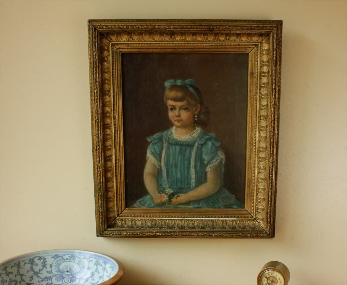Young Girl In Blue Dress Oil Painting. Victorian Child Portrait. Pierrat. photo buy