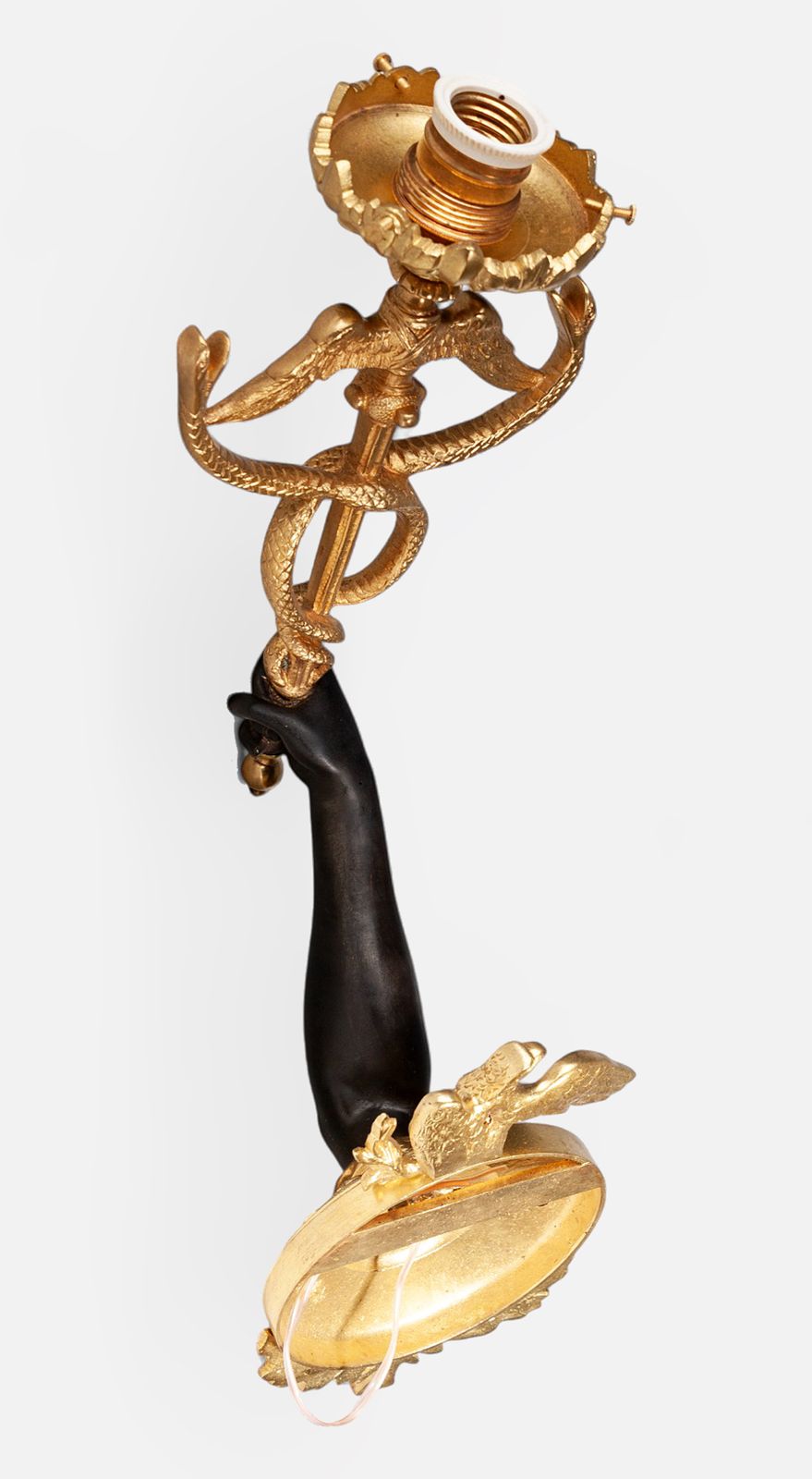 Lighting Pair Of Late 19th Century Empire Gilt Bronze Ormolu Wall Appliques Of Arms Holding Caduceus Staffs, France photo
