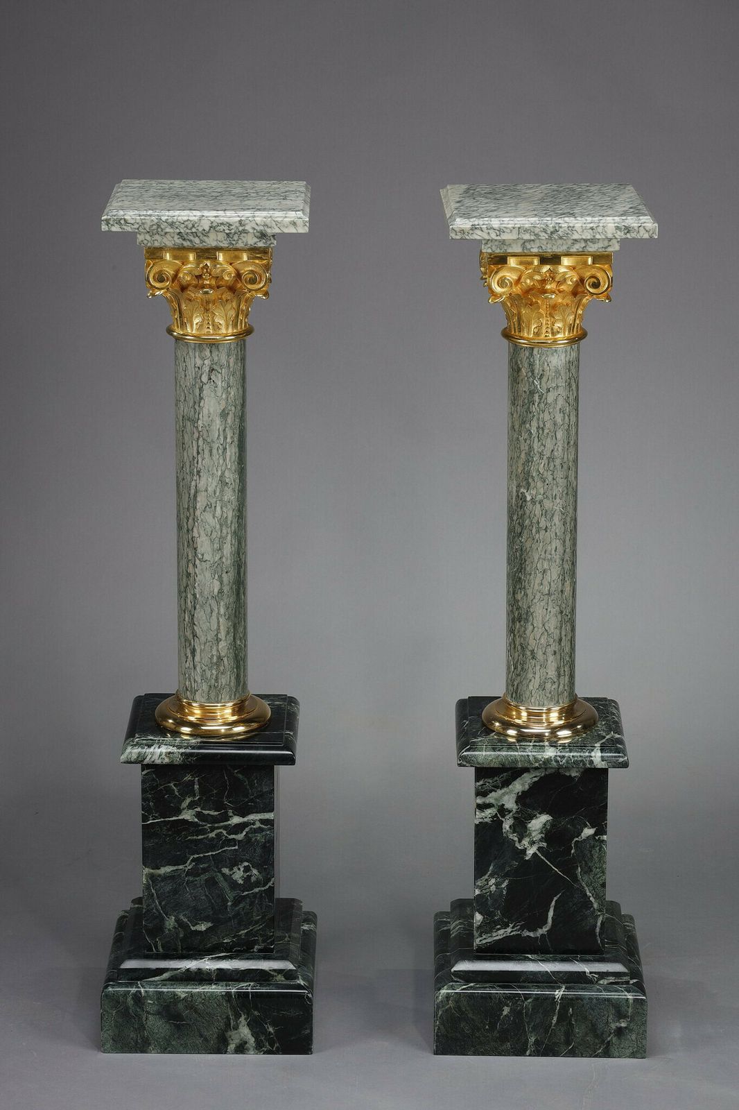 Pair Of Green Estours Marble Columns With Corinthian Capitals photo for sale