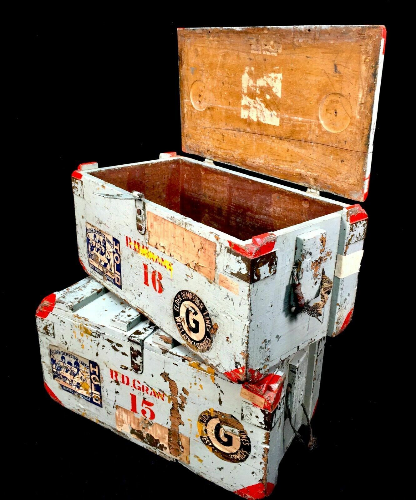 Antique Pair Of Large Wood Painted Military Ammunition Crates / Trunk / Boxes photo vinterior