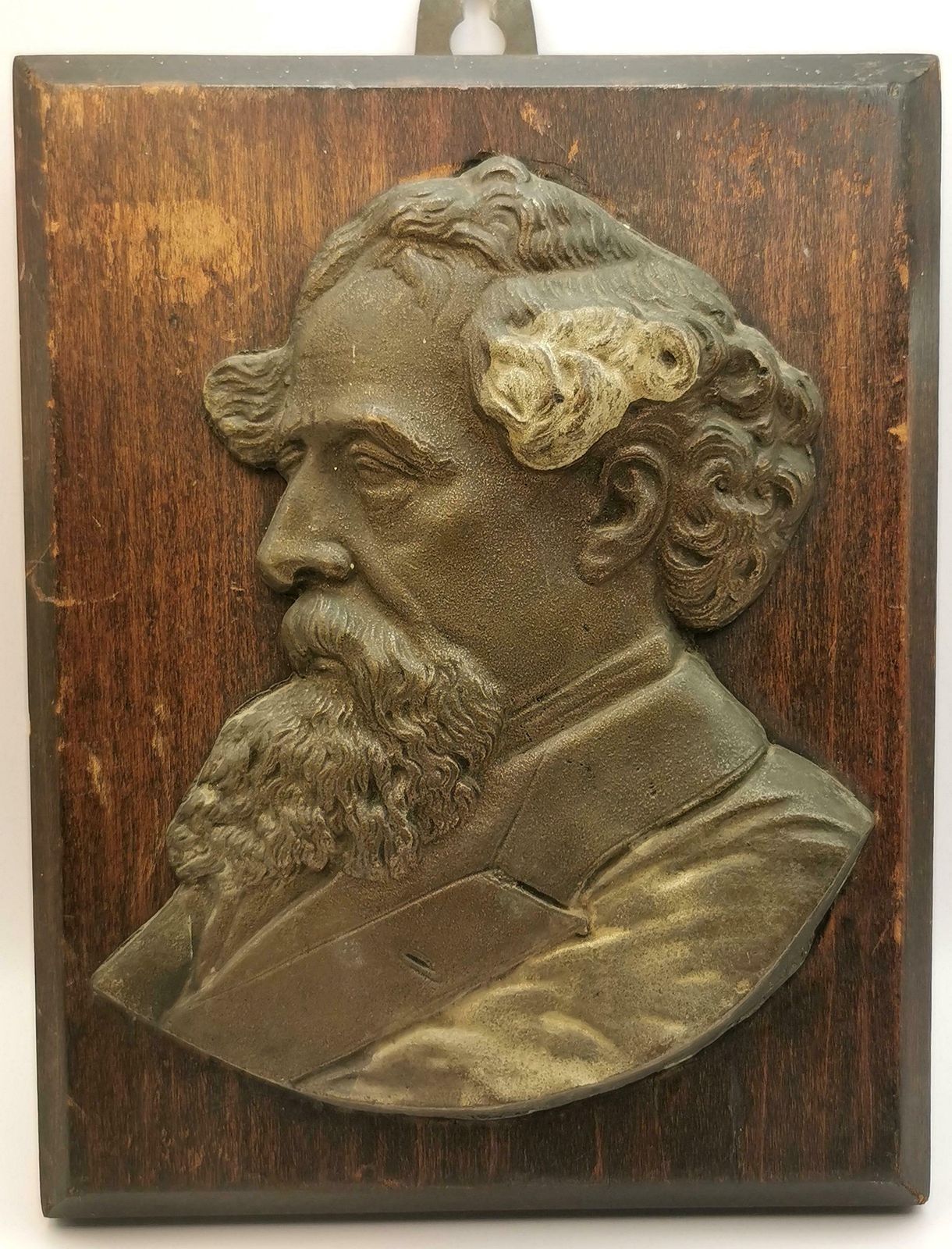Antique Charles Dickens Plaque, Metal And Wood Sculpture photo for sale
