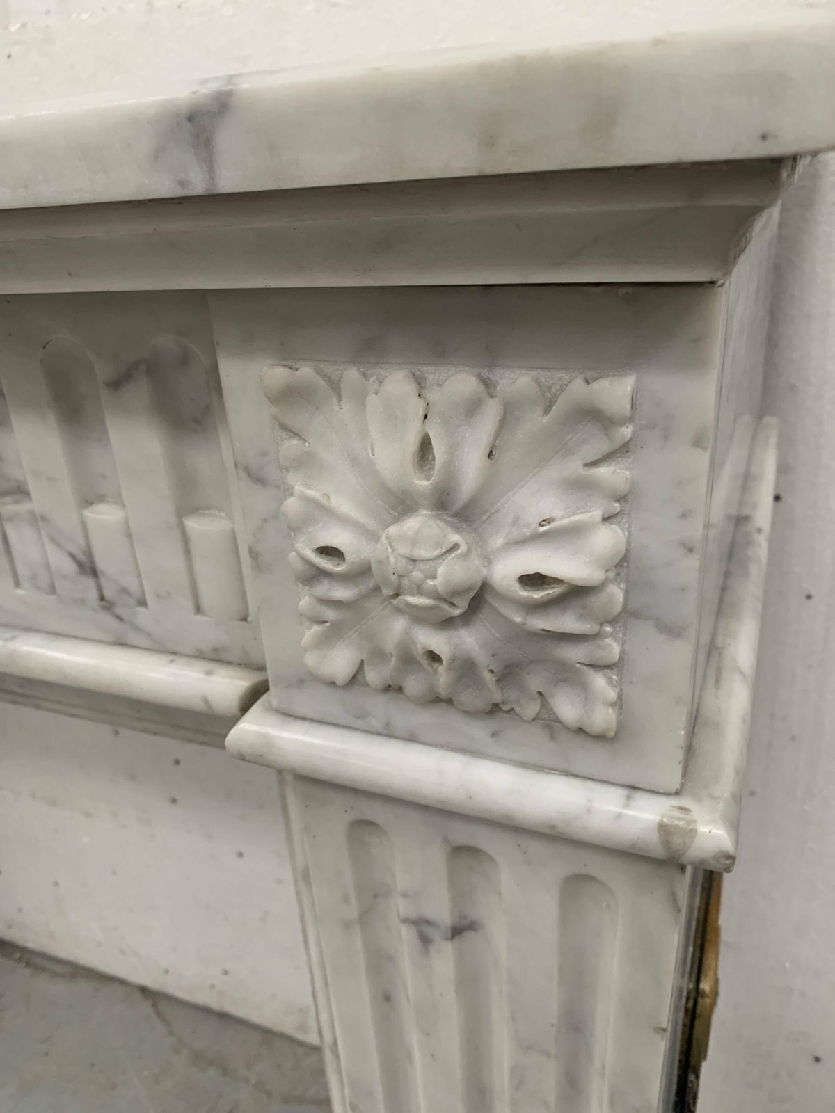 photo furniture Louis XVI Style Fireplace In White Veined Carrara Marble, 19th Century