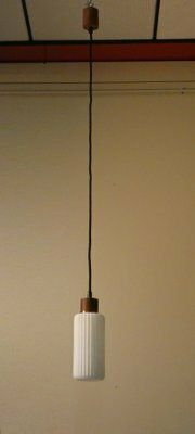 Mid Century Pendant Lamp In Opaline Glass And Teak, Italy, 1950s