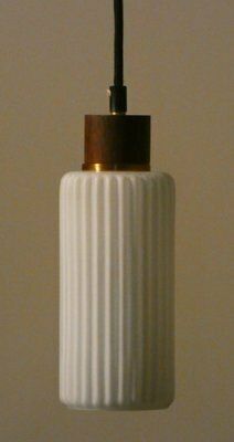 Mid Century Pendant Lamp In Opaline Glass And Teak, Italy, 1950s photo for sale