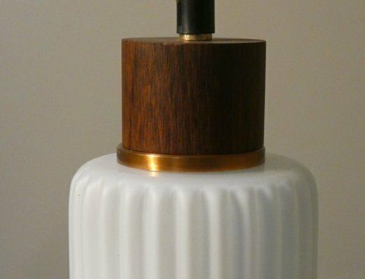 Mid Century Pendant Lamp In Opaline Glass And Teak, Italy, 1950s photo Lighting