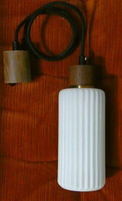 photo furniture Mid Century Pendant Lamp In Opaline Glass And Teak, Italy, 1950s