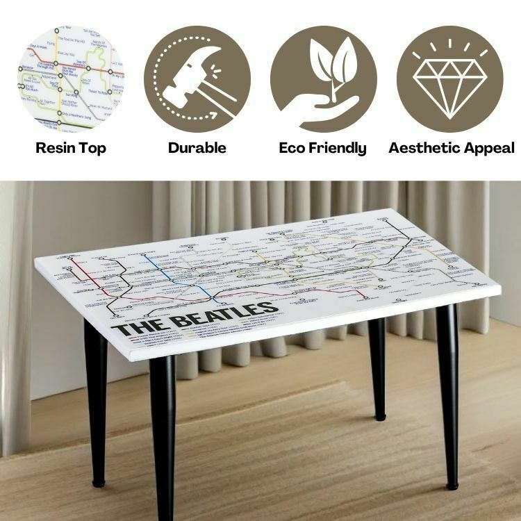 Handcrafted Beatles Song Map Resin Coffee Table – Music Inspired Art With Glossy Epoxy Top & Metal Legs For Living Room & Offices photo Furniture