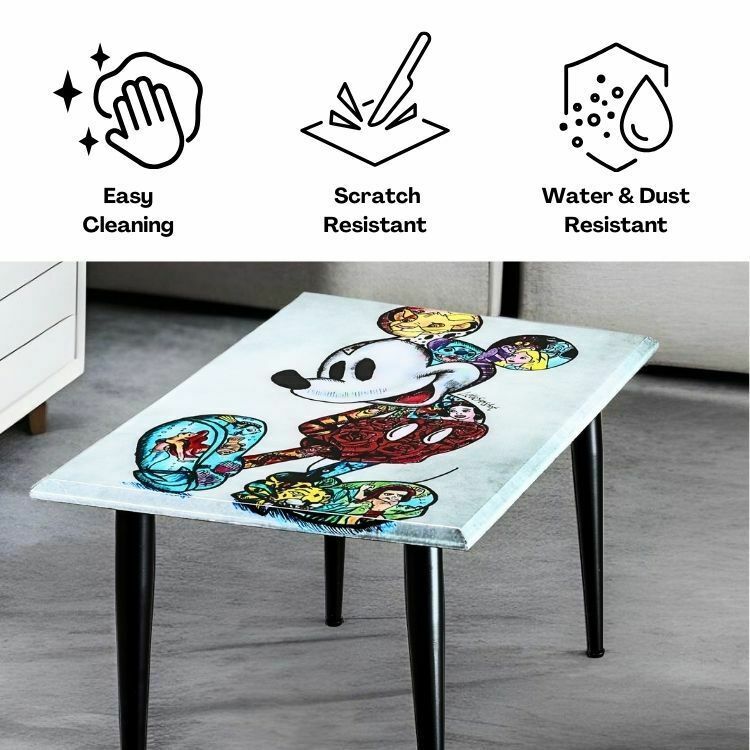Handcrafted Mickey Mouse Graffiti Resin Coffee Table – Artistic High Gloss Epoxy Finish With Metal Legs For Living Room & Office photo for sale