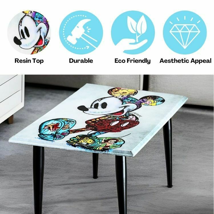 Handcrafted Mickey Mouse Graffiti Resin Coffee Table – Artistic High Gloss Epoxy Finish With Metal Legs For Living Room & Office photo 149.0