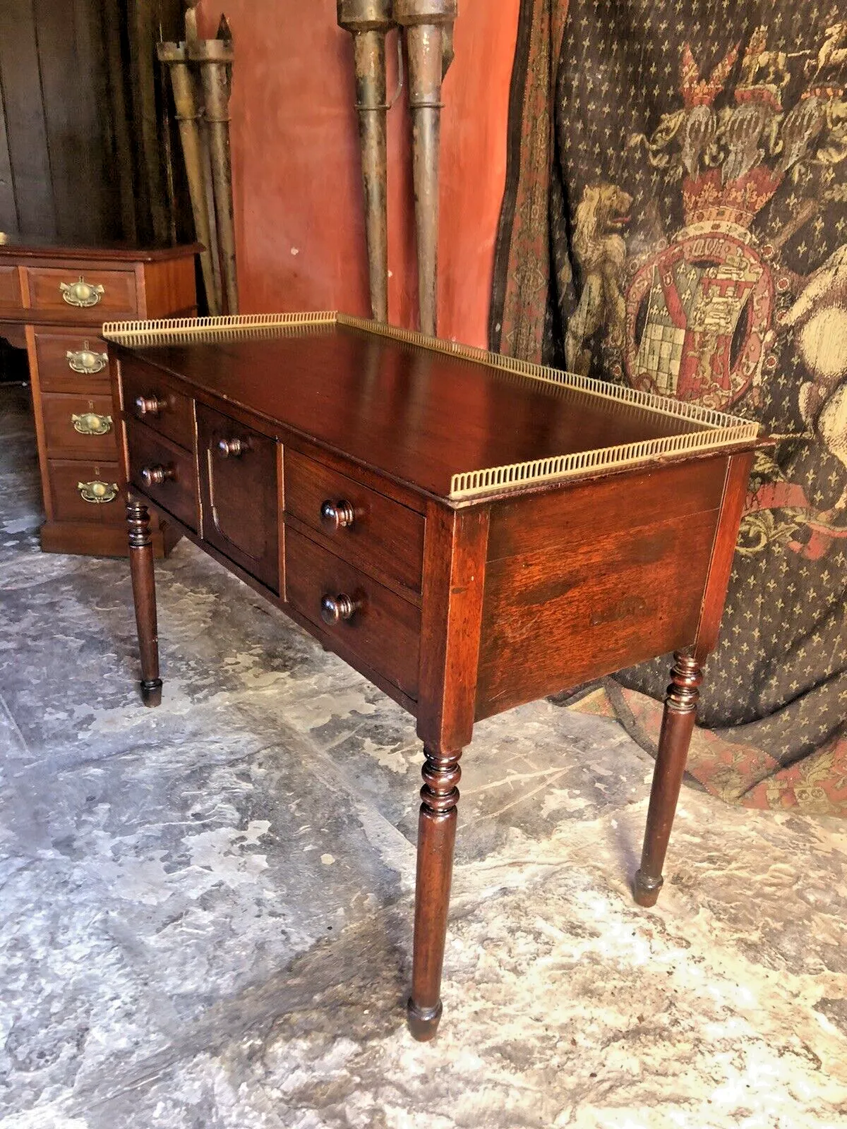 Antique Mahogany Period Brass Gallery Lady's Office Writing Desk photo for sale