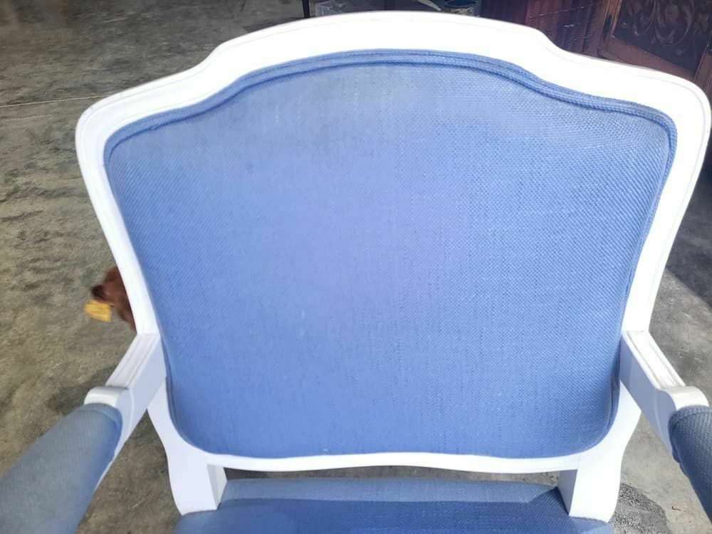 Antique Repro French Painted Arm Chair Cabriole Legs Blue Fabric  Footstool photo for sale