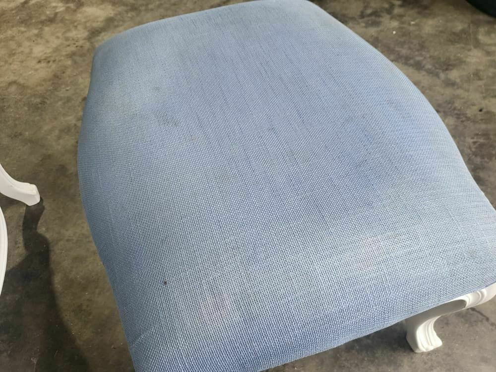 Antique Repro French Painted Arm Chair Cabriole Legs Blue Fabric  Footstool photo vintage