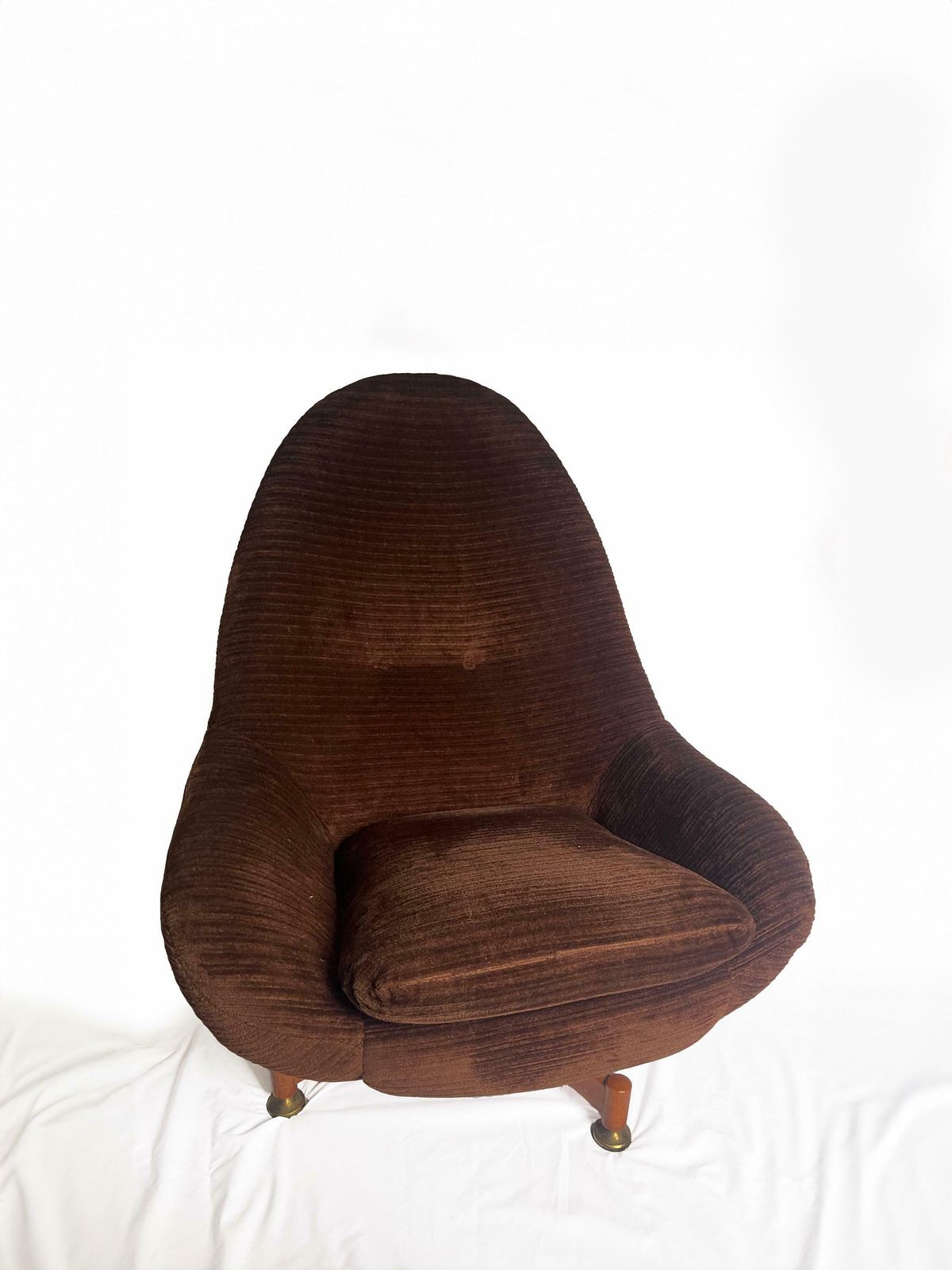 photo for sale Swivel Chair From Greaves & Thomas, Mid Century Egg Chair, Vintage Chocolate Brown Velvet Egg Chair, Original Cover. Teak Legs.
