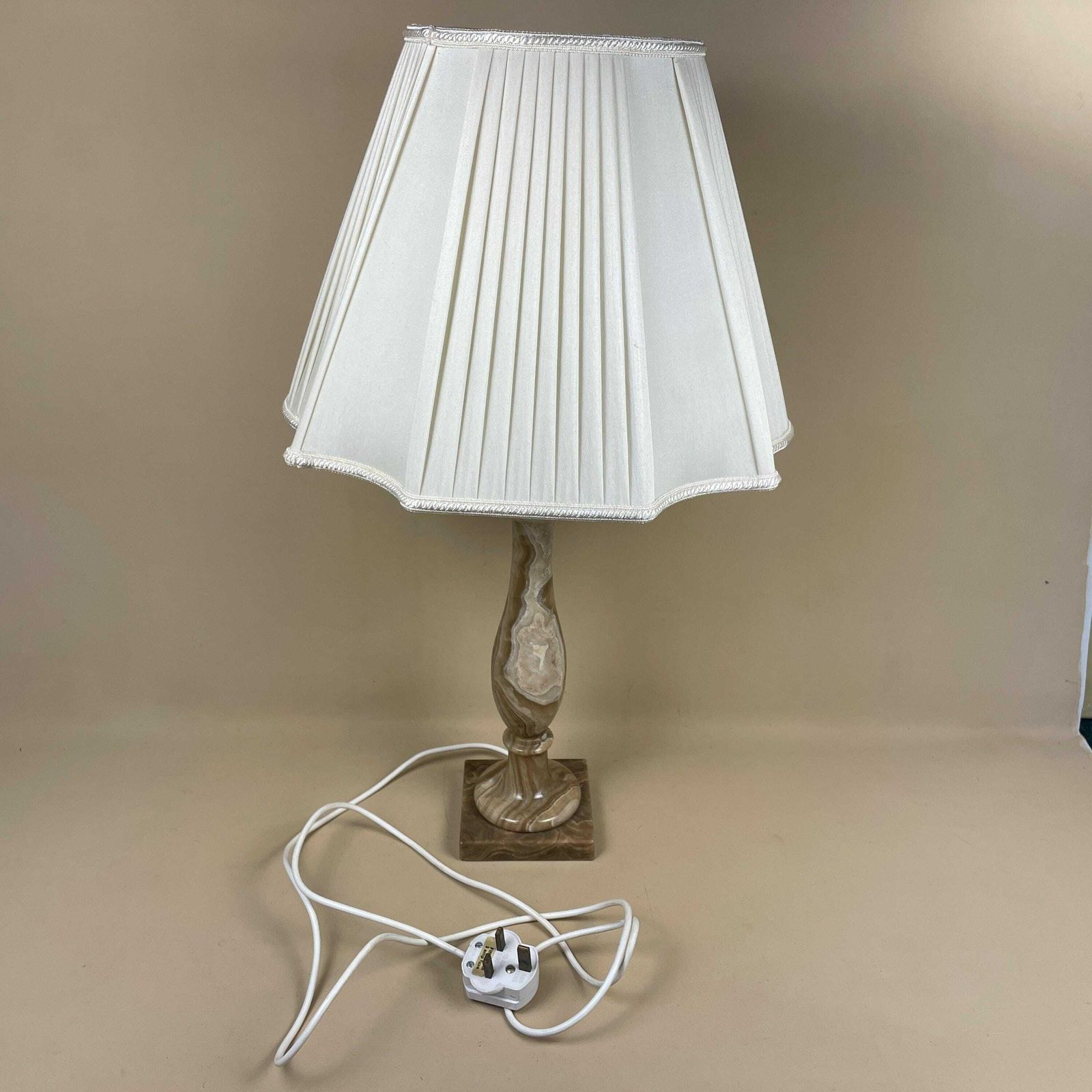photo for sale Antique Onyx Marble Lamp Light Brown Earth Colour Bedside Side Table Desk Marbled Patterned Vintage Downton Pleated Cream Shade Lampshade