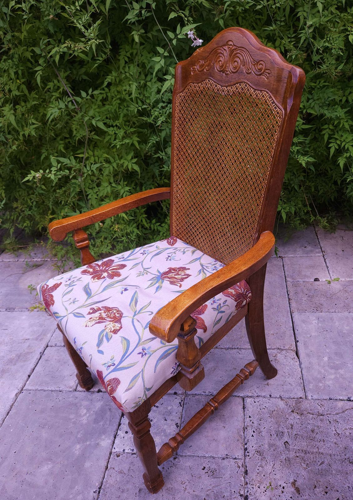 Carver Style Wood & Cane Chair With Shaped, Carved Top photo furniture