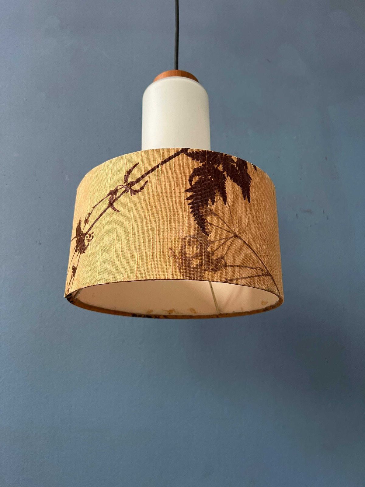Mid Century Opaline Glass Pendant Lamp With Beige Fabric Jungle Shade photo vintage