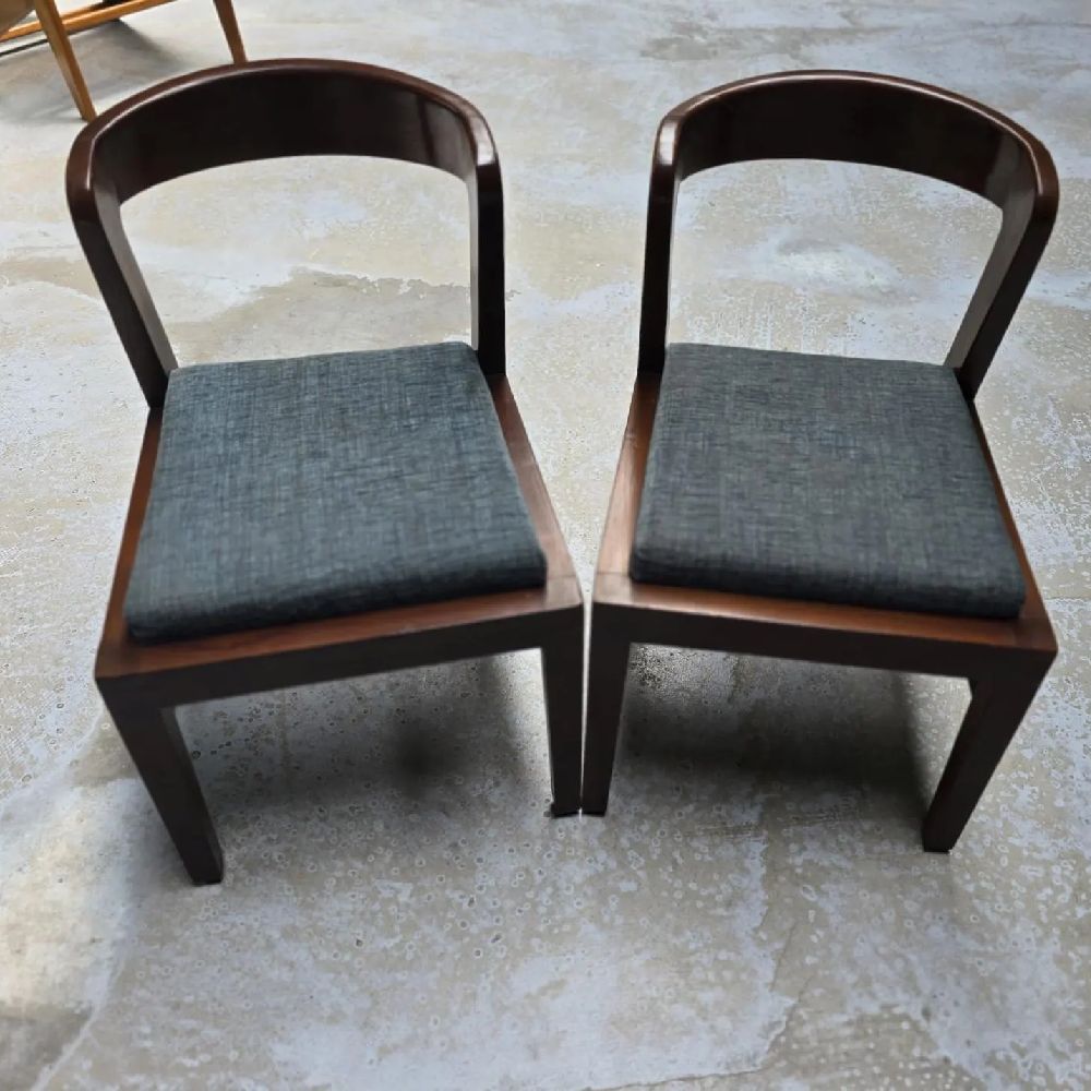 Antique Handcrafted Indian Teak Wood Chairs 1940s | Dining Accent Chairs With Curved Back & Upholstered Seats photo Furniture