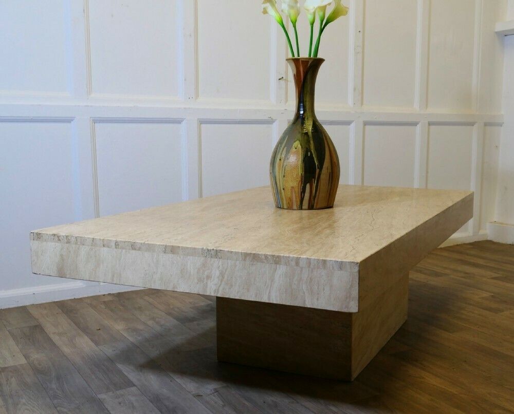 photo for sale 1970s Vintage Stylish Italian Travertine Stone Cube Coffee Table