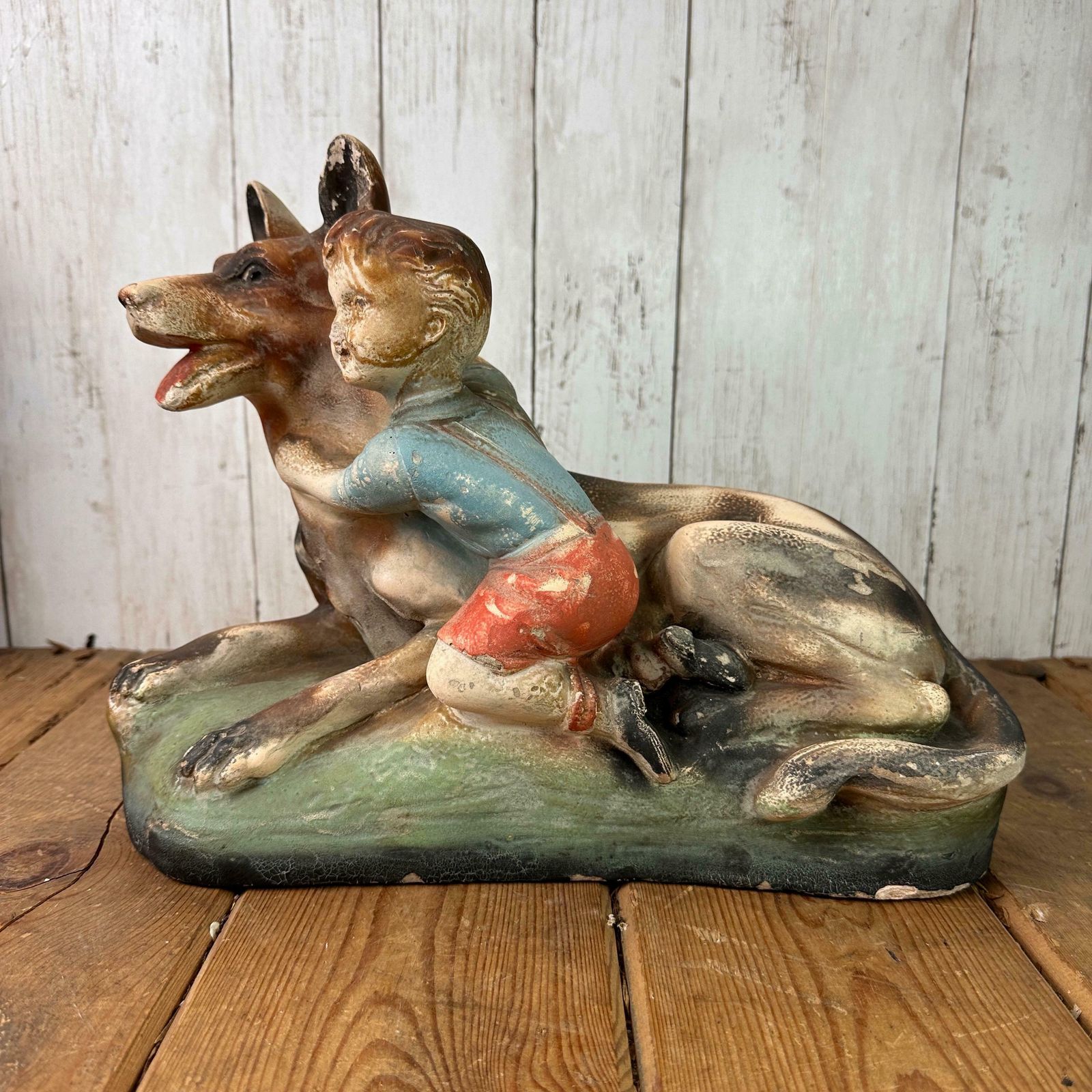 Vintage Chalkware Figure Alsatian & Child, Boy And His Dog photo for sale