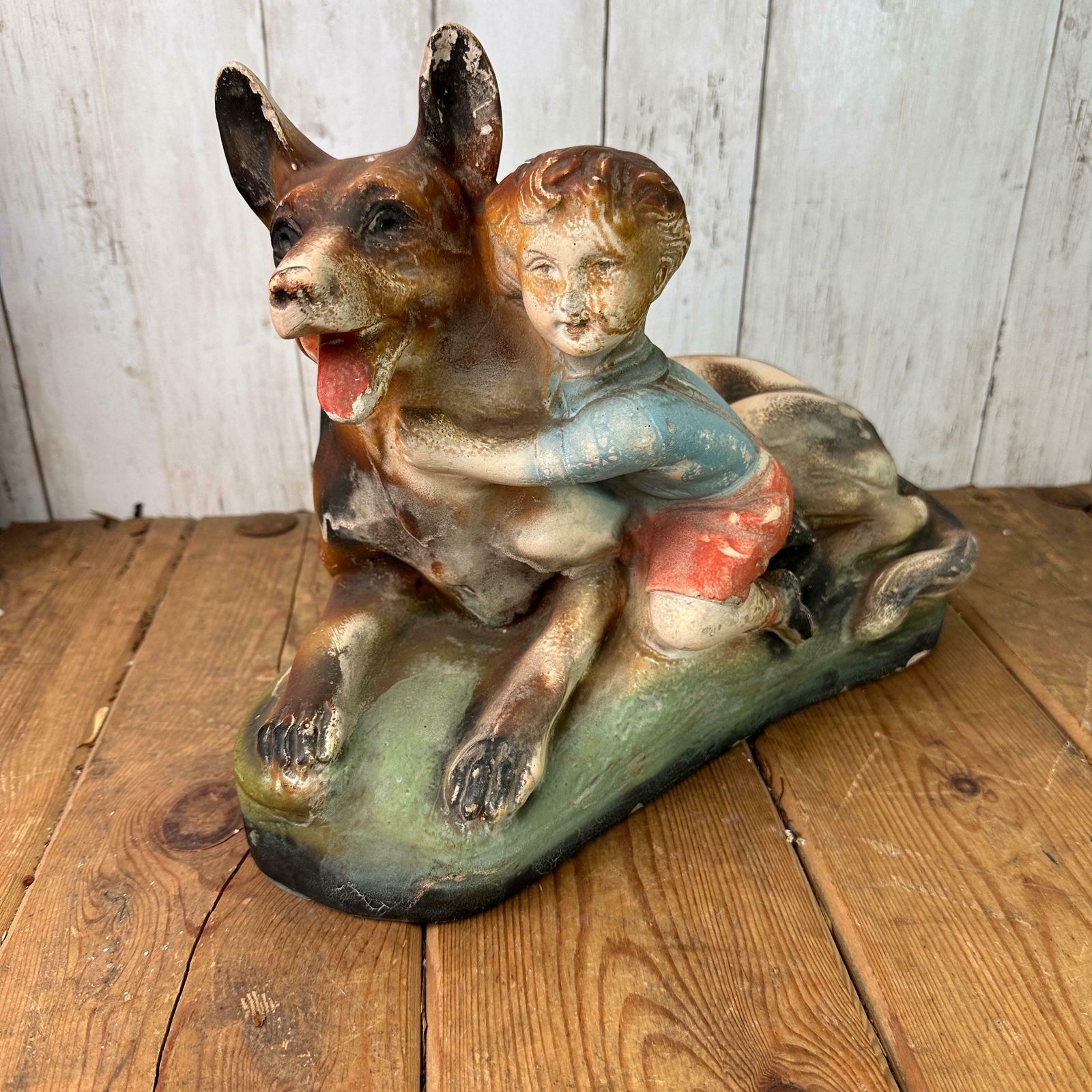 Vintage Chalkware Figure Alsatian & Child, Boy And His Dog photo vinterior