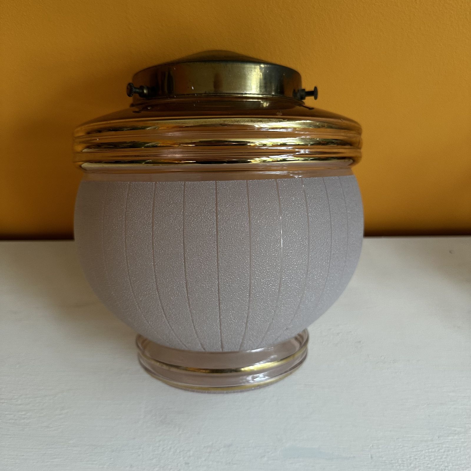 1930's Art Deco Dusky Pink Sugar Frosted Pendant Shade With Gilded Horizontal Bands