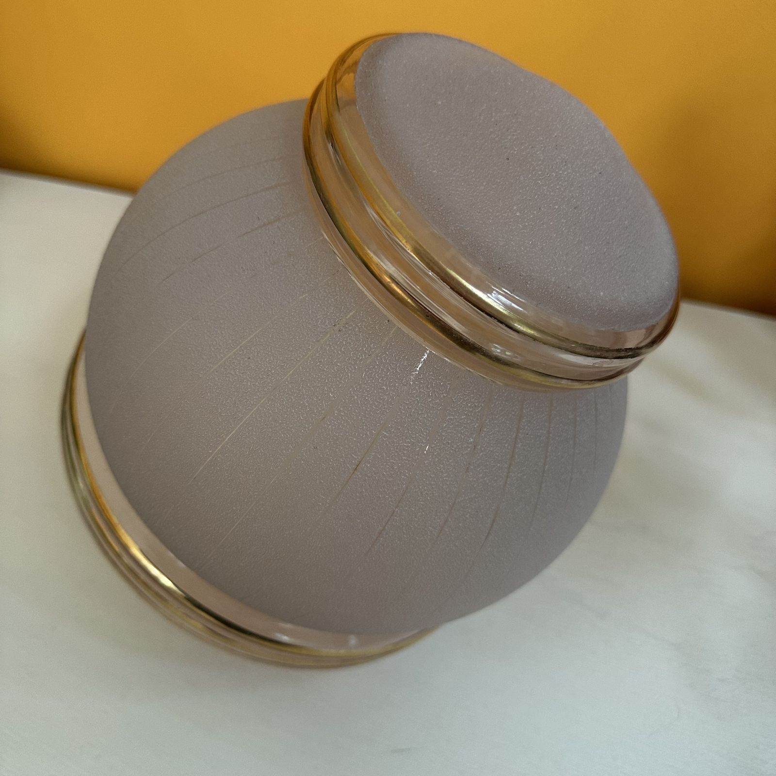 1930's Art Deco Dusky Pink Sugar Frosted Pendant Shade With Gilded Horizontal Bands photo vinterior
