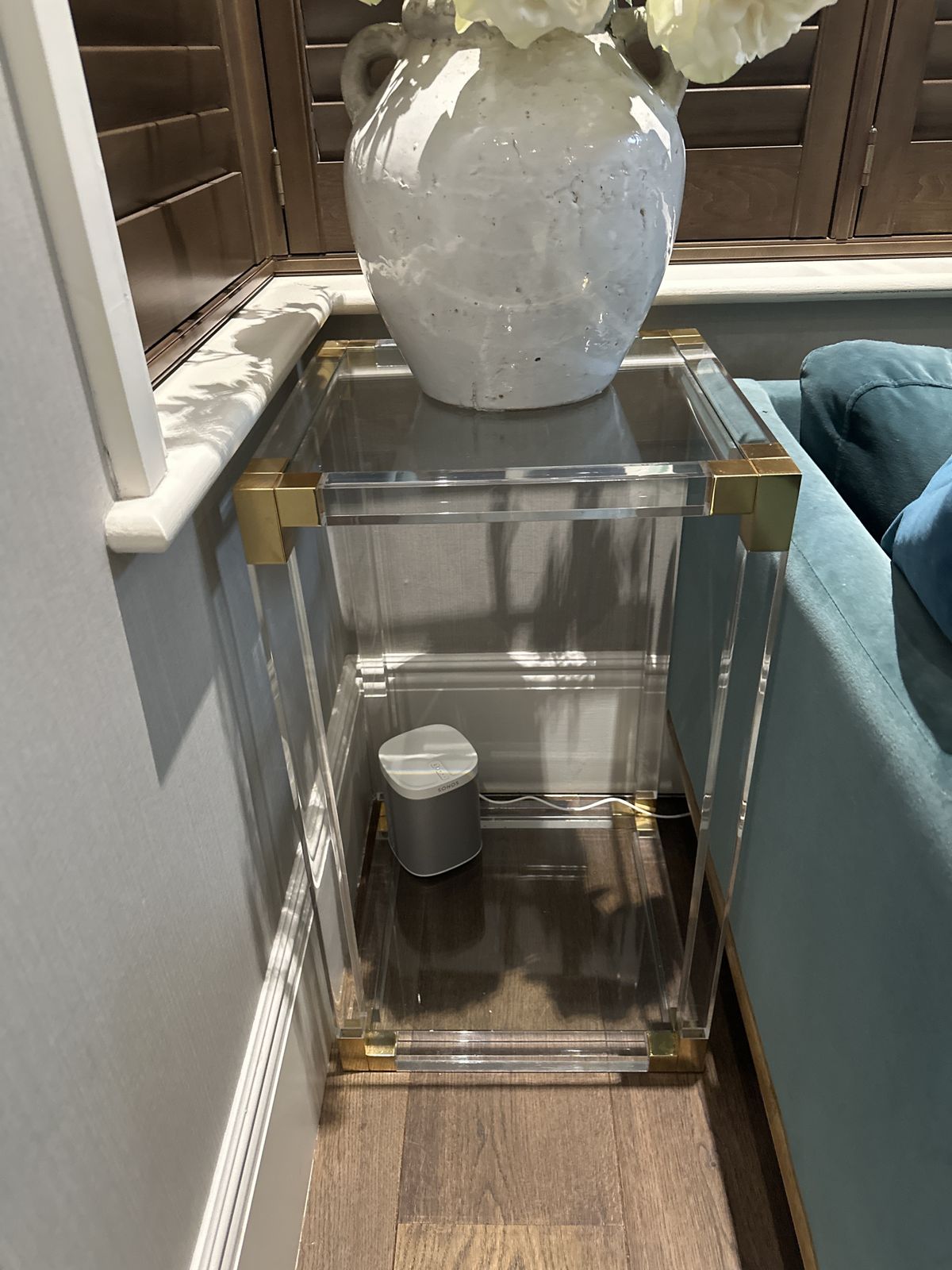Two Tier Accent Tables Acrylic Glass And Brass Hollis Jones 1970s photo for sale