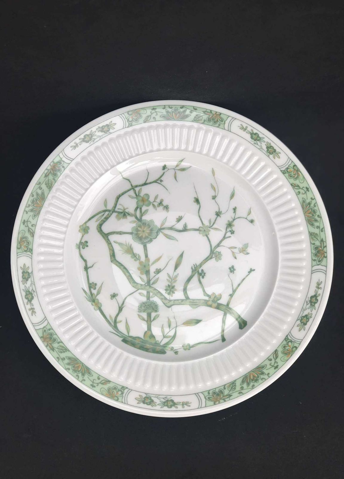 Porcelain Limoges Set 6 Raynaud & Co Fleur De Jade Green Entremets Salad Dessert Plates Green White Leaves French Vintage Wedding Luxury photo vintage