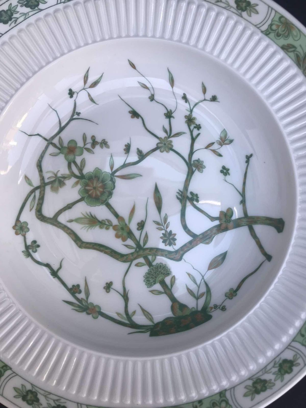 photo for sale Porcelain Limoges Set 3 Raynaud & Co Fleur De Jade Green White Dinner Plates Green White Leaves French Vintage Wedding Luxury Gift