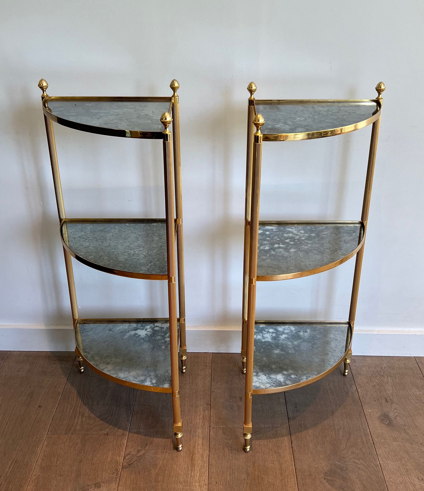 2850.0 Pair Of Gilded Metal Corner Sofa End Tables And Eglomisé Mirror Trays In The Style Of Maison Jansen photo