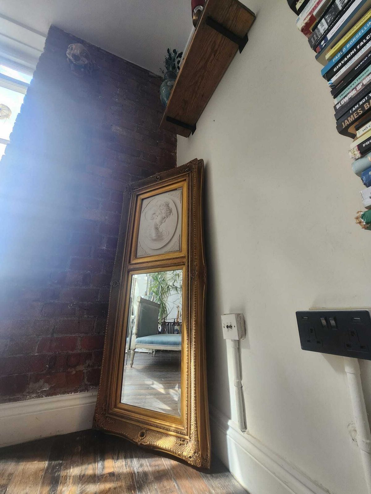 Mantel Mirror, Timeless Elegance: Stunning 19th Century Style Gilt Framed With Stone Relief Of Young Woman photo 240.0
